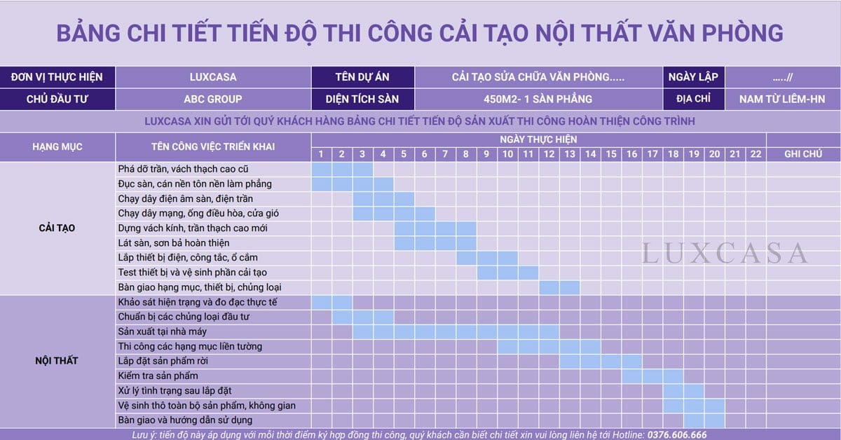 Bảng chi tiết tiến độ thi công nội thất văn phòng